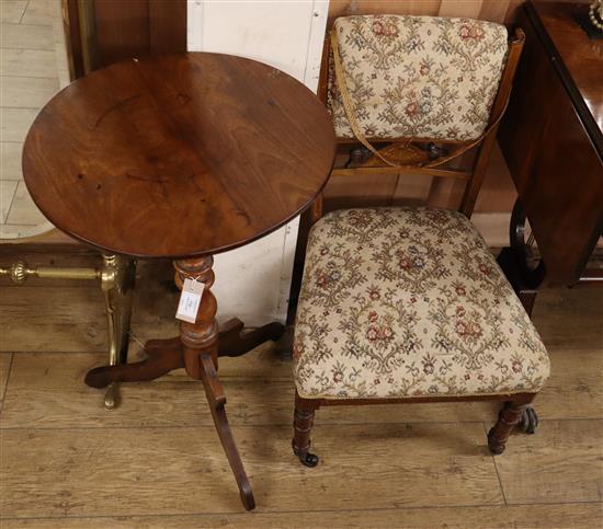 A Victorian tripod wine table and a salon chair W.45cm